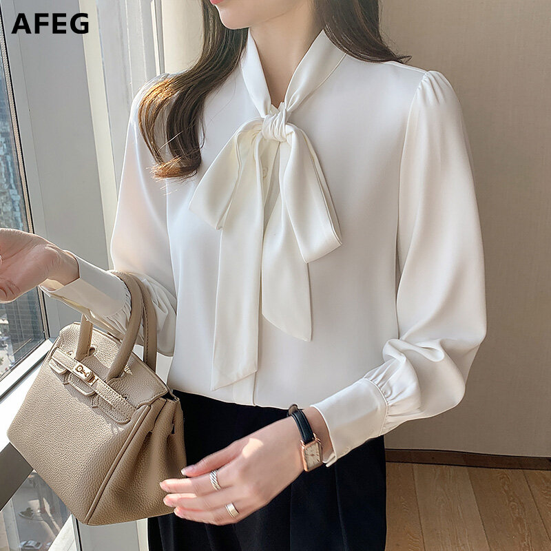 AFEG new women's long-sleeved bowknot chiffon elegant blouse for women