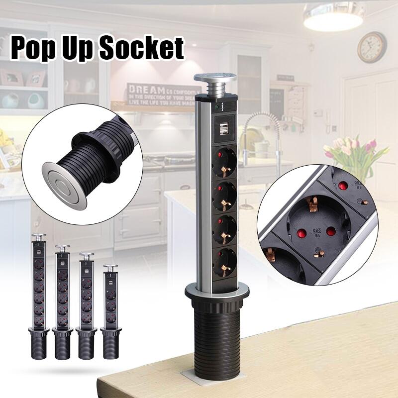 Desktop Hidden Installation Power Socket EU Plug 3/4/5/6 Power Pop Up Socket Kitchen Table Desktop Retractable Electrical Socket With 1 Led+2 Charge USB Aluminum Shelf