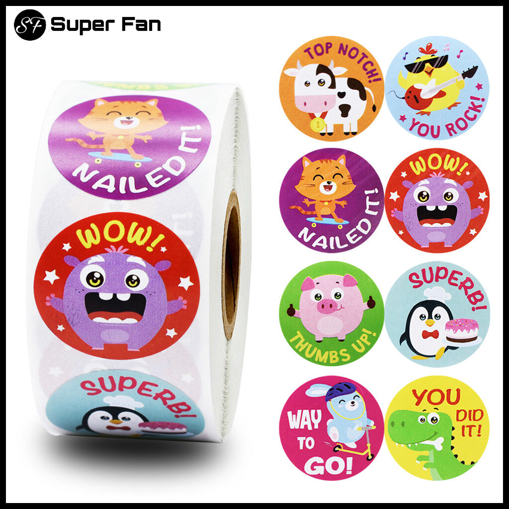 (Super Fan) 500pcs/roll Cute Animals Reward Stickers for Teachers Students for Kids In 8 Designs Motivational Stickers