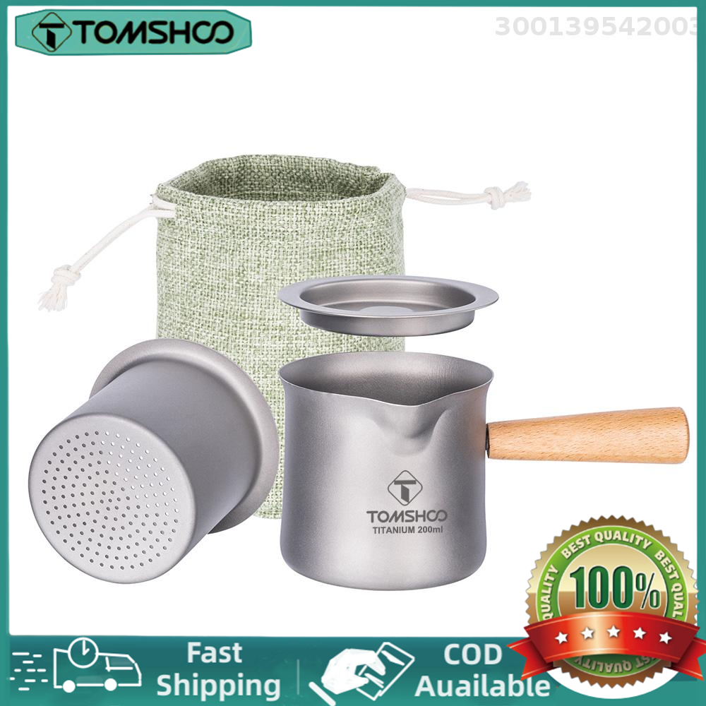 TOMSHOO Titanium Tea Mug with Tea Strainer Outdoor Camping Titanium Tea Mug with Wooden Side Handle