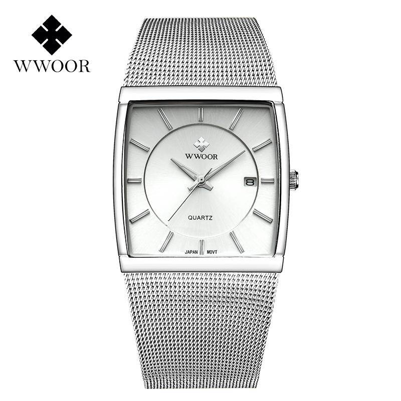 WWOOR Top Luxury Brand Square Dial Luminous Waterproof Calendar Auto Date Quartz Mesh Belt Stainless Steel Original Wristwatch Business