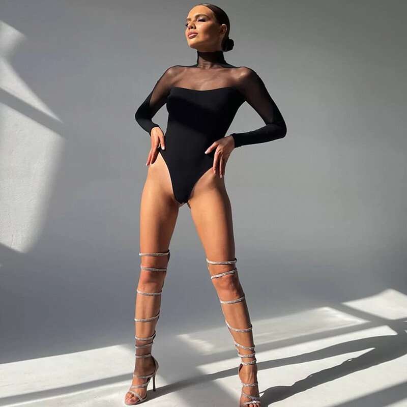 Women Mesh Bodysuit, Long Sleeves Mock Neck Solid Color Patchwork Leotard Tops