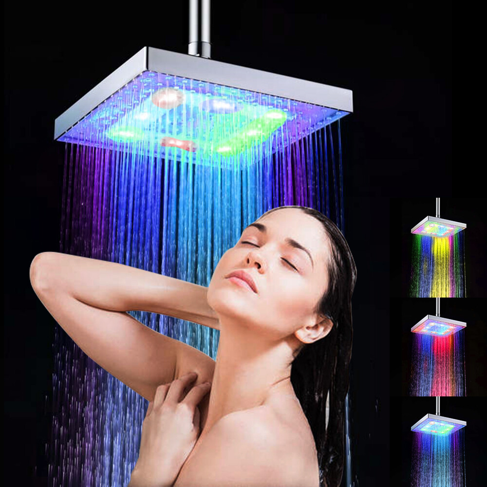 Đèn Led Mưa Vòi Hoa Sen Đầu Vòi Hoa Sen Vuông Vòi Sen Cảm Biến Nhiệt Độ Thay Đổi Màu RGB Tự Động Cho Phòng Tắm