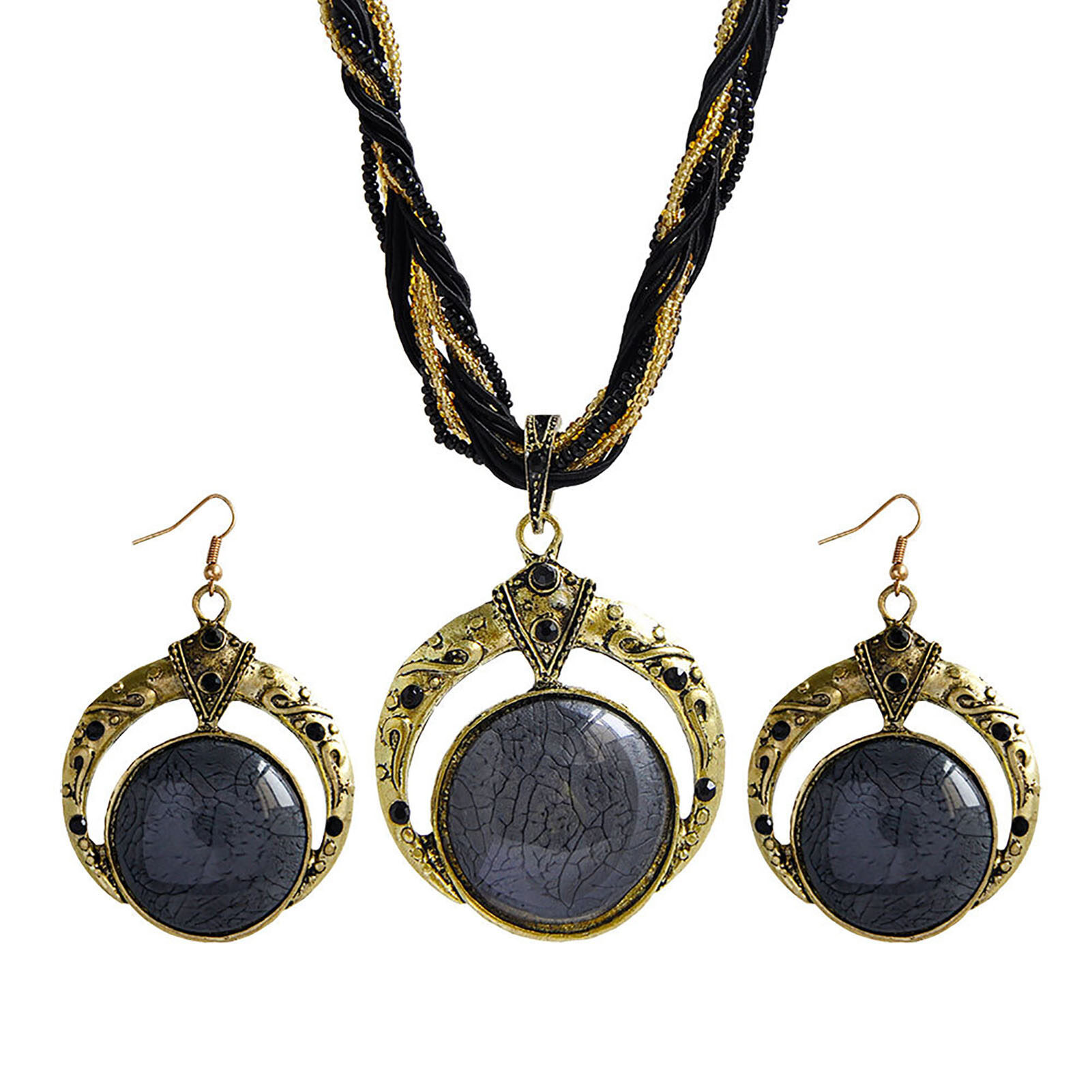 2Pcs/Set Bohemian Unique Carved Round Earrings Necklace Set Multilayer Beads Chain Pendant Necklace Hook Earrings Jewelry Accessories Girls Earrings Necklace