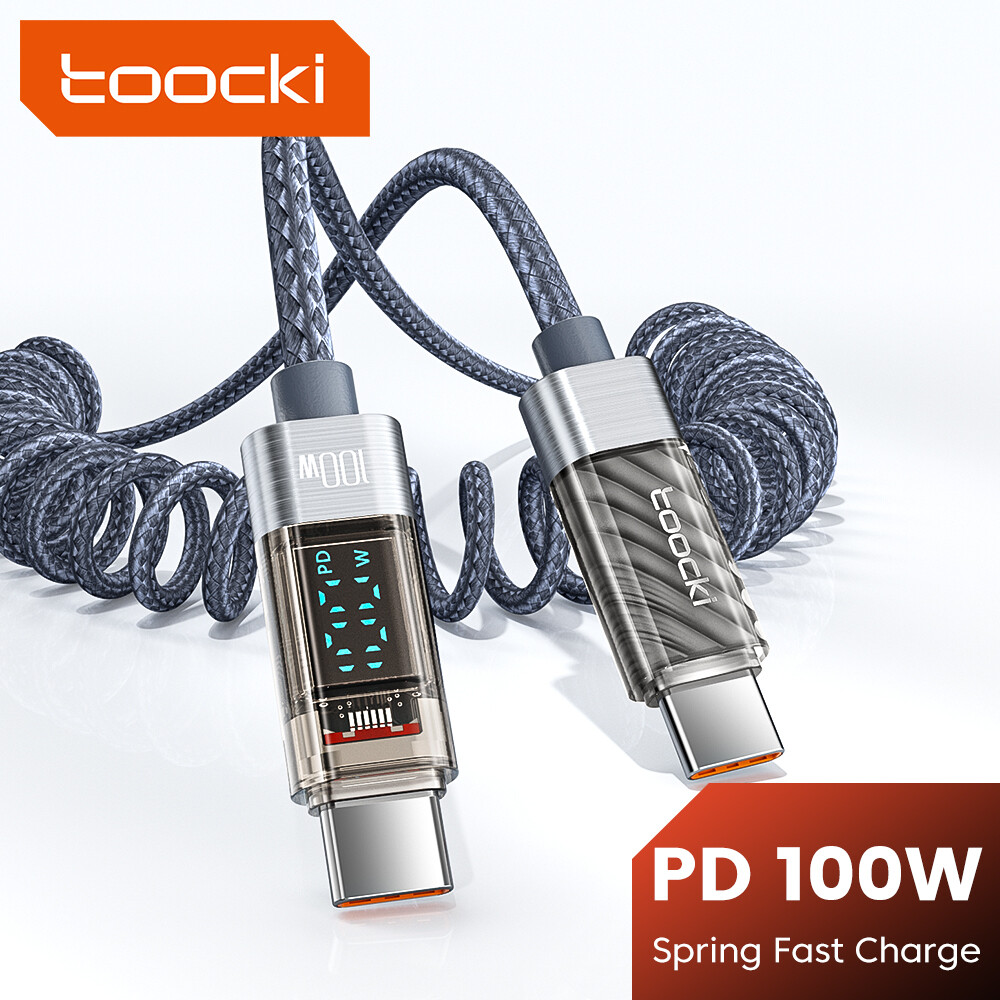 Toocki 100W Trong Suốt Loại C Để Loại C Sạc Nhanh Màn hình hiển thị kỹ thuật số Cáp 66W USB Để Loại C dữ liệu nhanh Cáp Với Mùa Xuân Có Thể Thu Vào