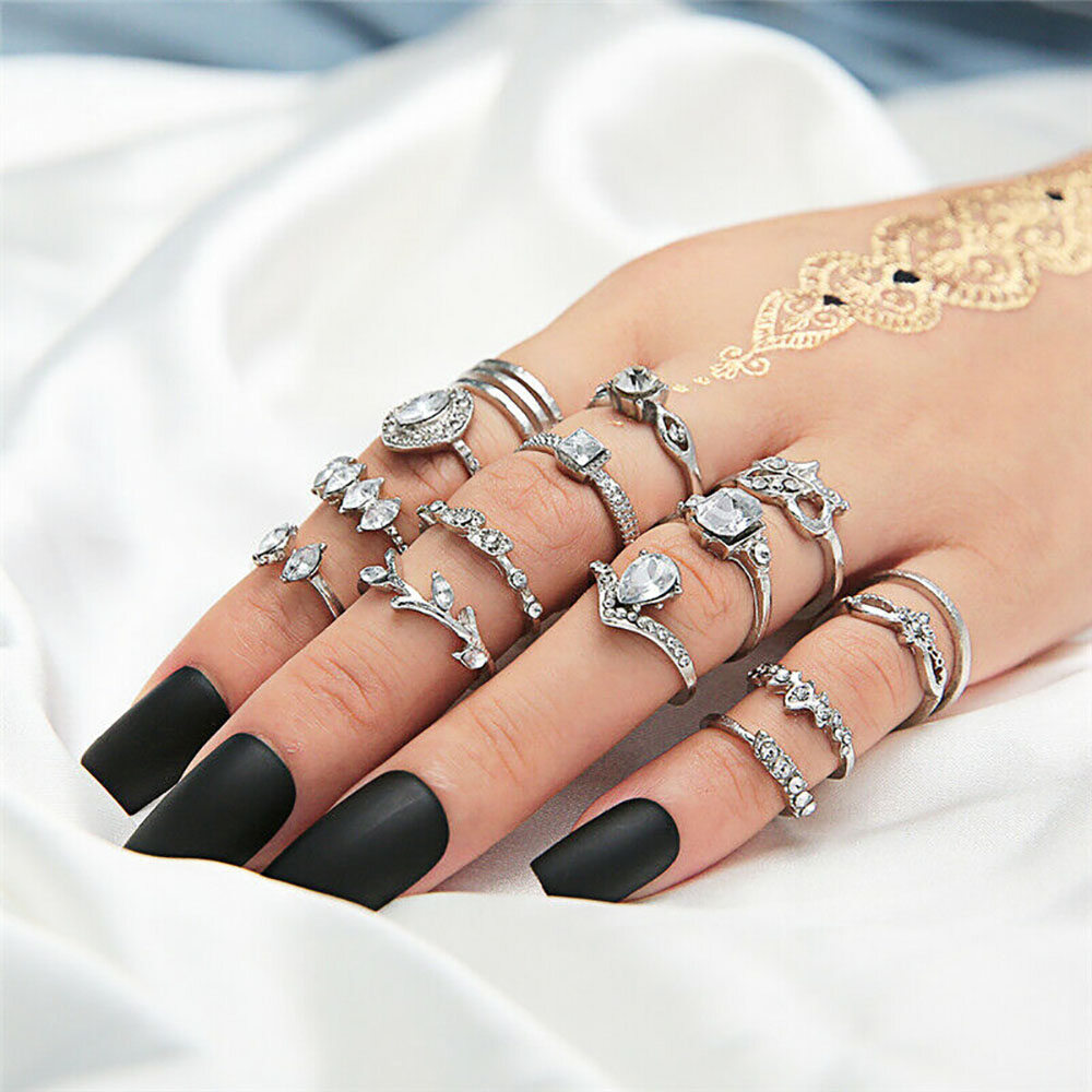 15Pcs Bohemian Ring Love Leaf Diamond New Joint Ring Set