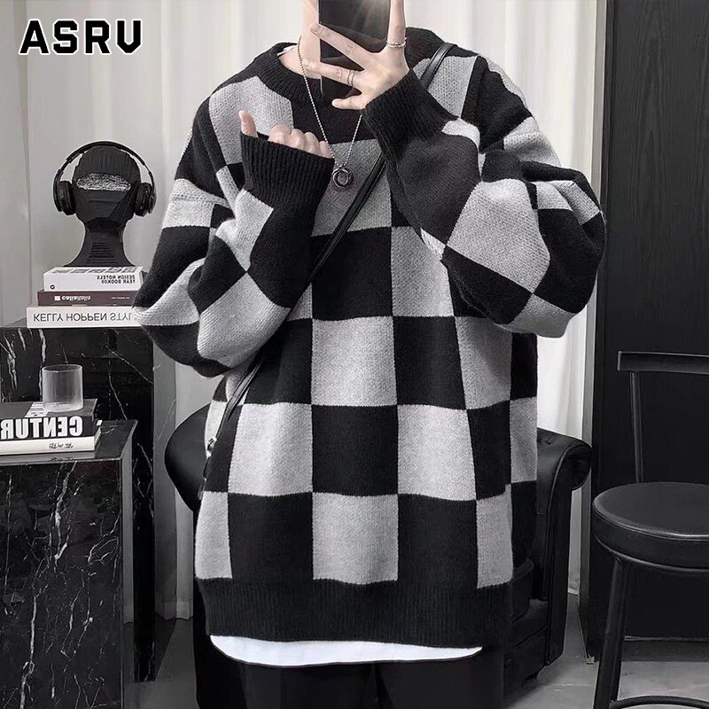 YTK ASRV áo khoác mùa đông áo sweater áo len mùa đông Áo Len Nam Áo Dài Tay Cổ Tròn Dáng Ôm Đa Năng Đẹp Trai Dệt Kim Bàn Cờ Caro Màu Đen 1205