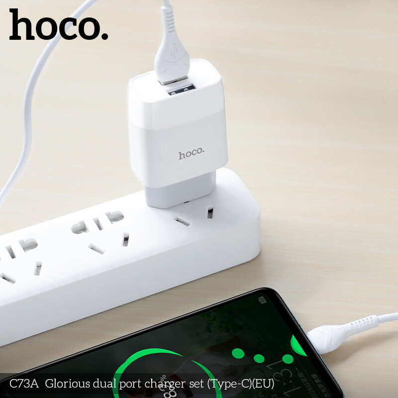 【2020】HOCO C73A 2.4A Dual USB Charger Set With Iphone/ Micro USB /Type C Cable 2 In1 Mobile Phone Charging Adapter + Cable