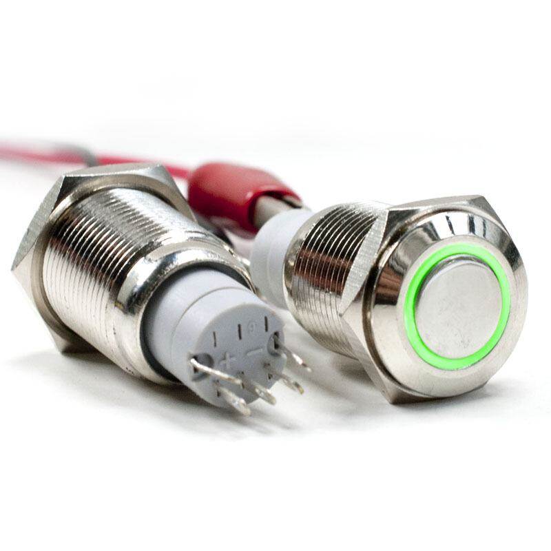 Metal Push Button w/ Annular 12V LED Indicator Green Latching Type