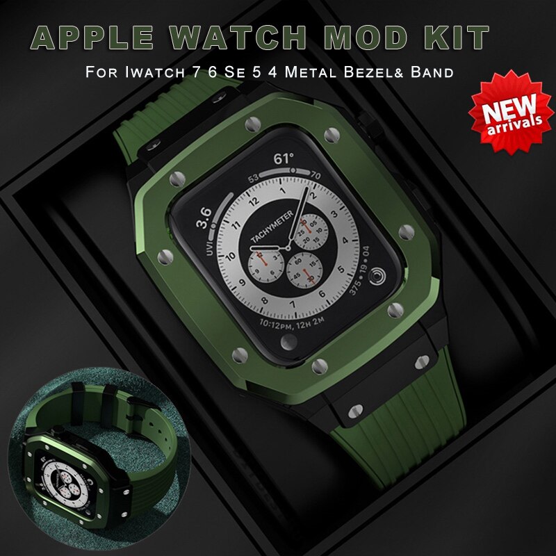 Modification Kit for Apple Watch Case Band 45mm 44mm Metal Frame Bezel Rubber Strap Accessories for I Watch Series 8 7 6 SE 5 4(not including watch)