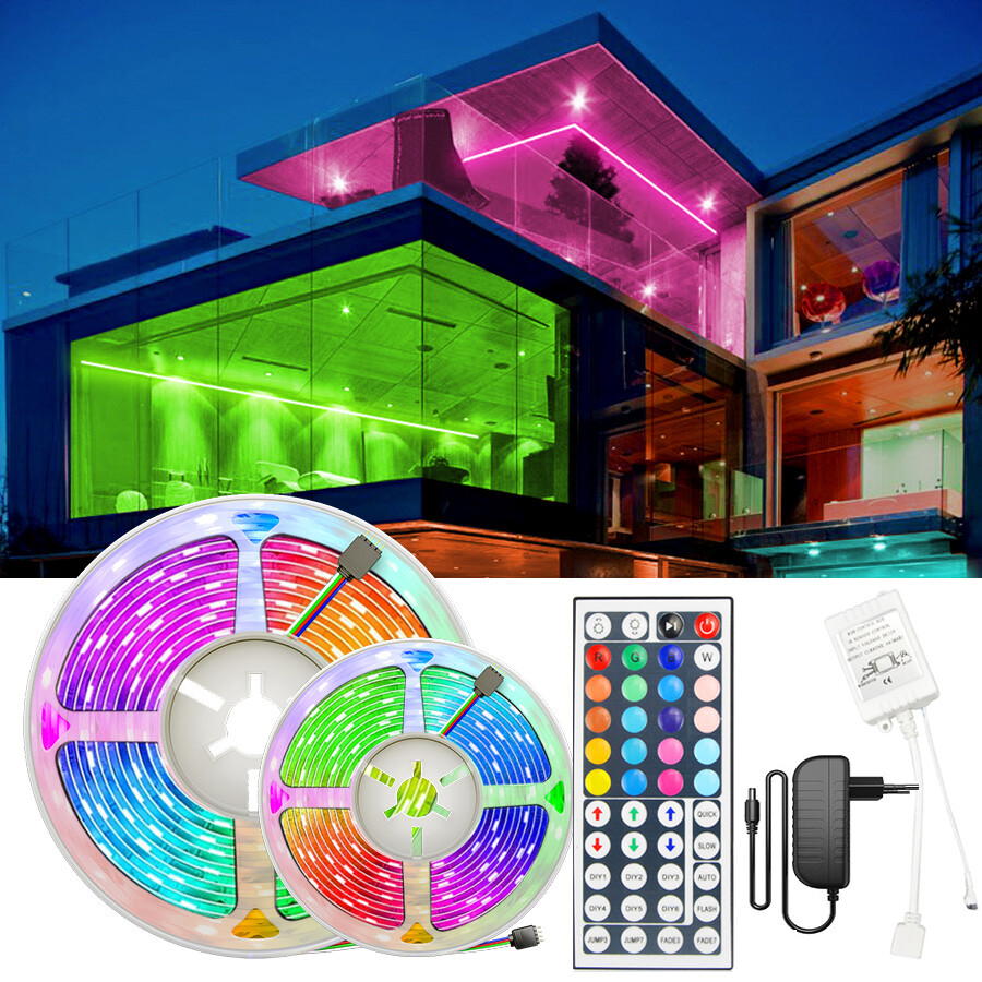 Angelila DC12V 5meter 10meter 15meter LED Strips Lights RGB 5050 SMD Waterproof Flexible Lamp Tape Ribbon Diode Color with 44 key Remote Controller Power Adapter