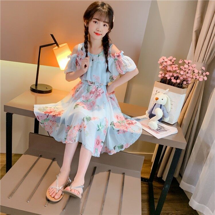 Girls' Floral Chiffon Flounce Off-shoulder Dress Elastic Waistband 110-160cm