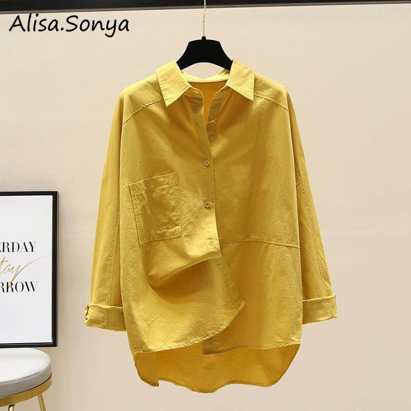 Alisa.Sonya Áo Sơ Mi Trắng Cotton Cho Nữ Áo Cánh Dài Tay Cơ Bản Màu Trơn Cài Cúc Thời Trang Cơ Bản Phong Cách Hàn Quốc Cho Nữ