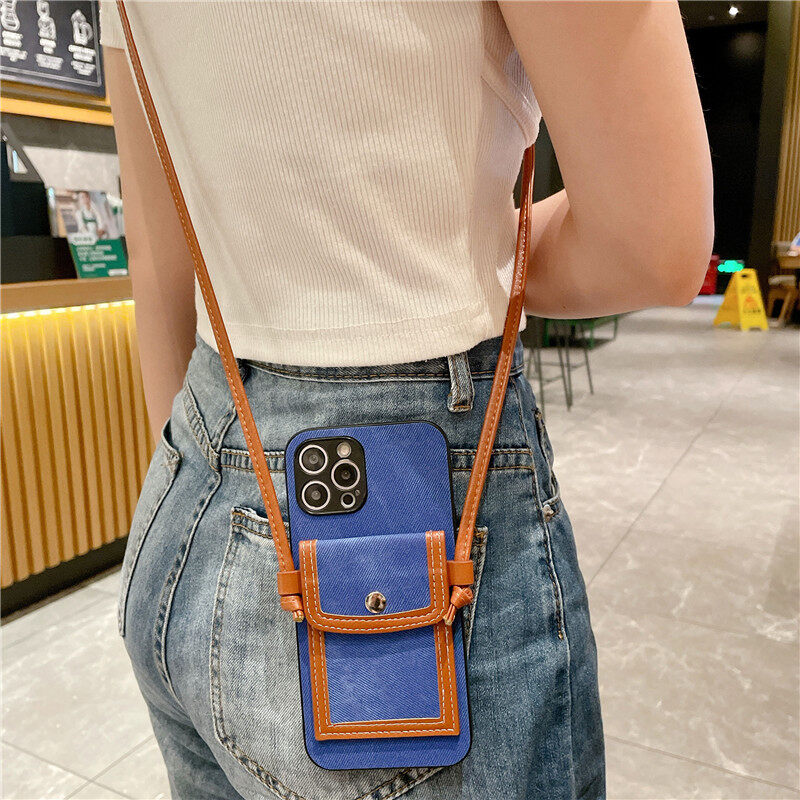 Case For iPhone 13 12 11 Pro max 12mini 13 mini X XR XS max 6 6s 7 8 Plus Phone Wallet Card Slots Back Cover Luxury  Denim Crossbody Bag Casing  Lens Protection Protective Cover