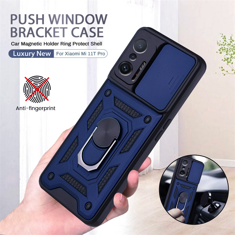 For Xiaomi 11T Pro 2021 Ring Stand Push Pull Camera Protect Case For Xiaomi 11T Pro 6.67inch Car Magnetic Stand Ring Armor Shockproof Coque For MI 11T mi 11t pro Push Pull Camera Case
