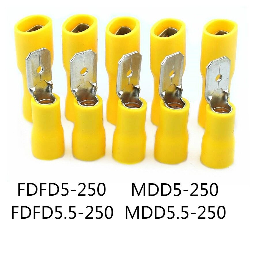 50pcs 6.3mm 12-10awg female male electrical wiring connector insulated crimp terminal spade blue fdfd5-250 mdd5-250