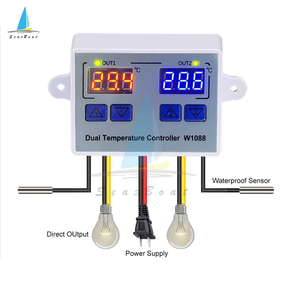 【Seasboat】 W1088 Dual LED Digital Temperature Sensor Meter Controller Electric Heating Thermostat 12V/24V/110-220V Aquarium Incubator Thermoregulator