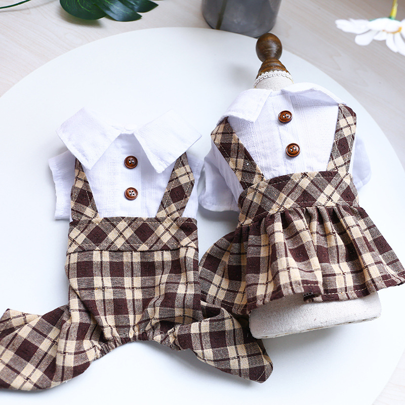 DY LOVING Dog Clothes Pet Couple Suit British Style Dog Outfit Dog Dress Khaki Plaid Suit for Shih Tzu Pomeranian Puppy Kitten