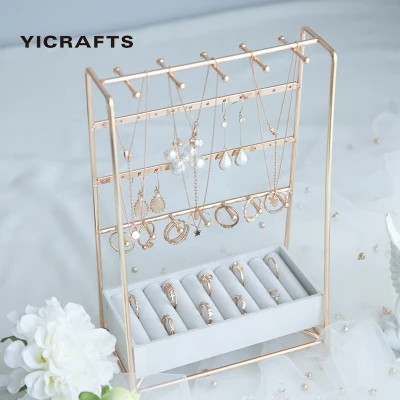 Yicrafts Multifunctional Jewelry Storage Box, Golden Organizer Stand, Ring Jewelry Rack, Necklace Jewelry Stand, Earrings Hooks, Ring Display Holder