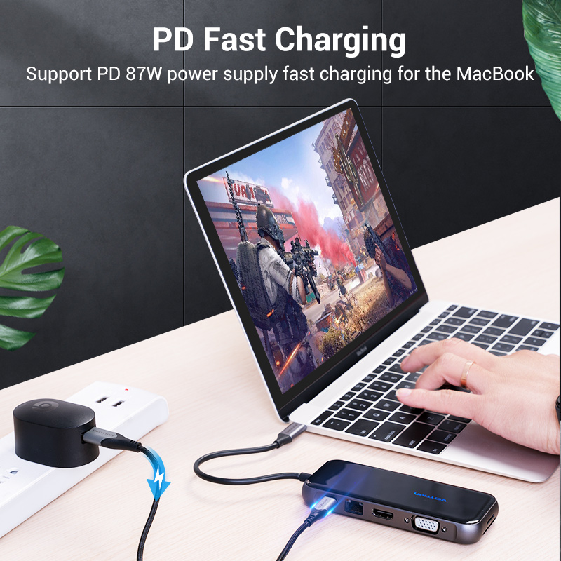 【COD】Vention HUB Type C Docking Station Thunderbolt 3 bộ chuyển đổi Type C PD 87W power port USB C to 4 USB 3.0 Docking Station Mirrored Surface For Apple Macbook iPad Laptop HP HuaWei ASUS Samsung Lenovo USB C Docking Station