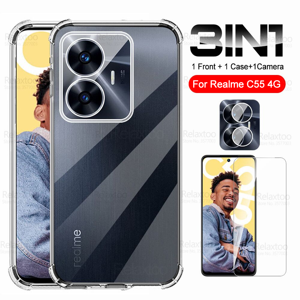 3 in 1 camera tempered glass clear for realme c55 case cover realmy c55 c 55 55c realmec55 6.72" silicone bumper shockproof fundas