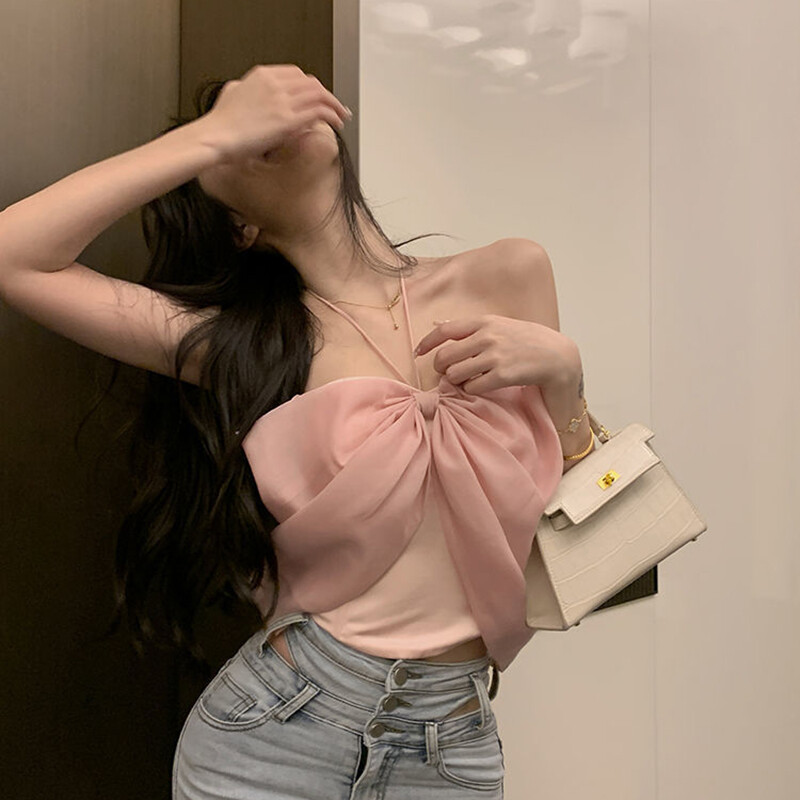 Asian Hot Camisole women's pink bow halter neck tube top
