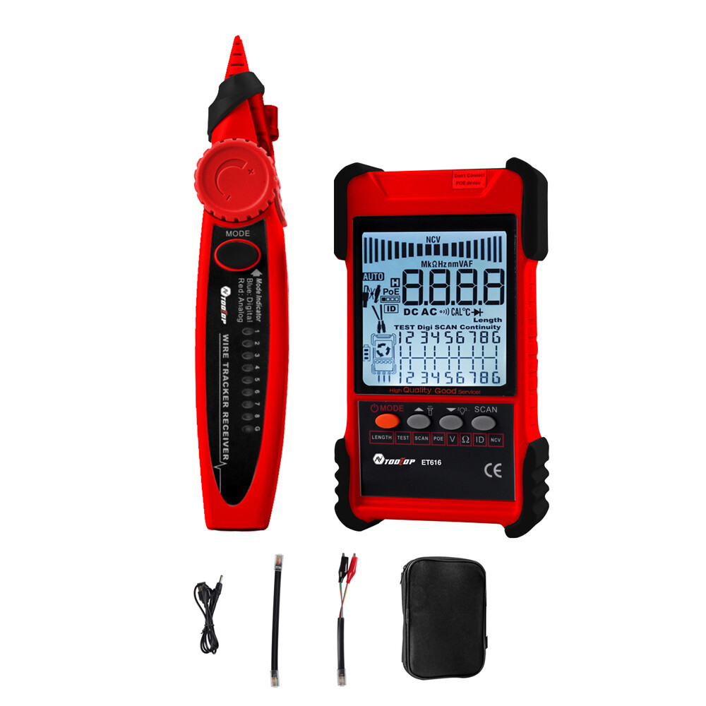 Fansline- TOOLTOP ET616 Handheld Portable Cable Tester with LCD Display Analogs Digital Search POE Test Cable Pairing Sensitivity Adjustable Network Cable Length Short Open Circuit Measure Trackers Multifunctional Cable Tester