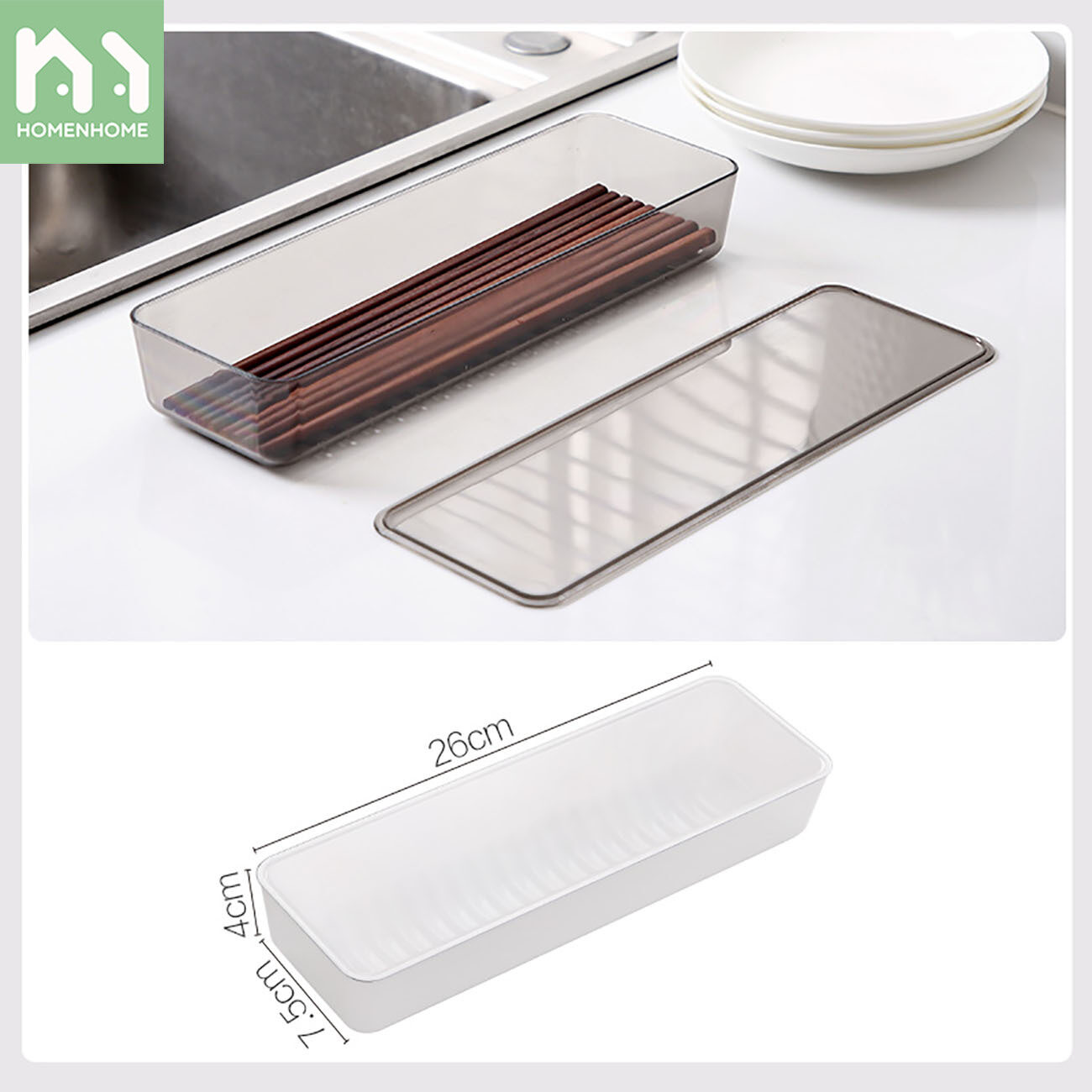 Homenhome AS Material Rectangular Chopsticks Box with Cover Spoon Storage Rack Kitchen Dustproof Flatware Storage Box