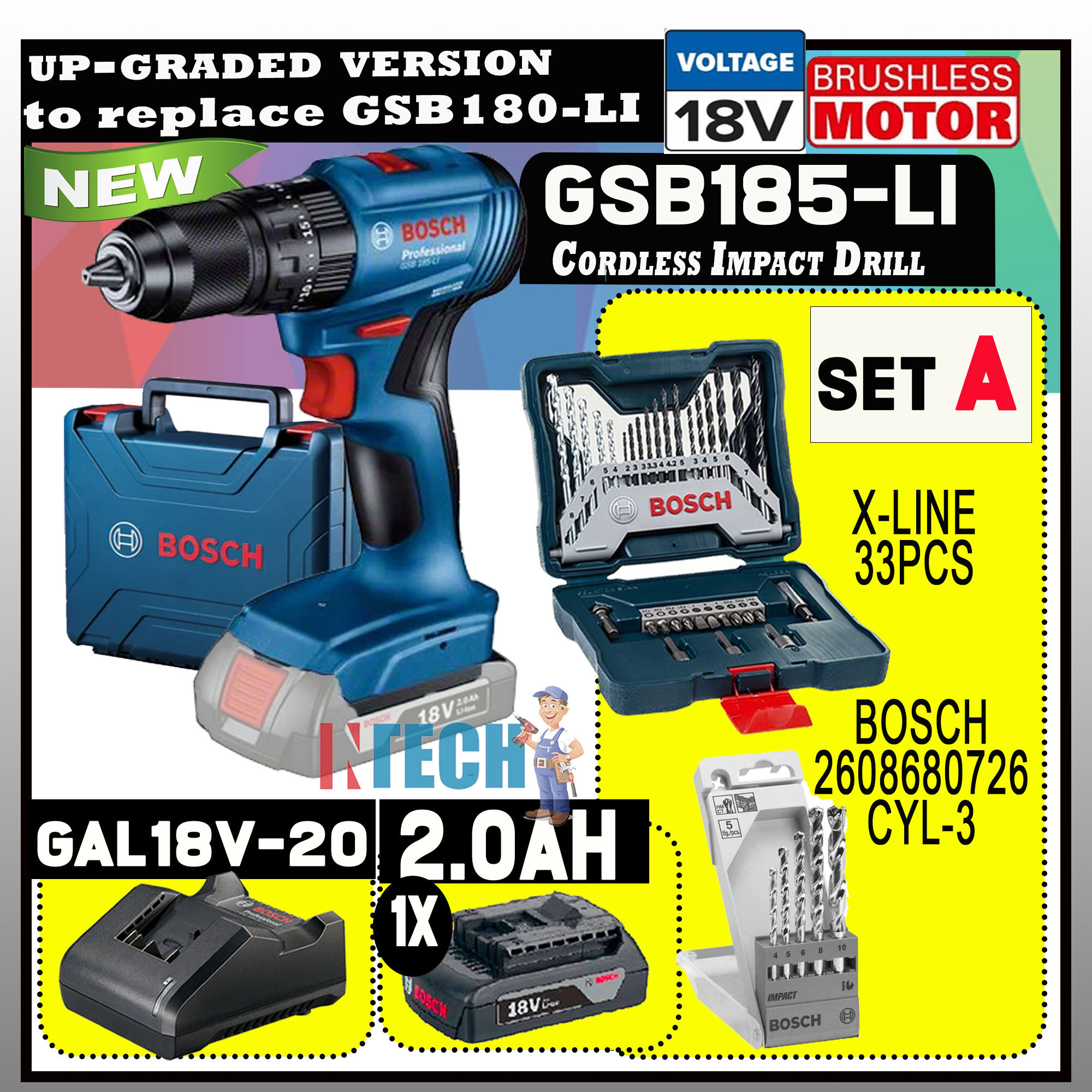 BOSCH GSB185LI CORDLESS IMPACT DRILL (SINGLE) + CYL3 5PCS CONCRETE