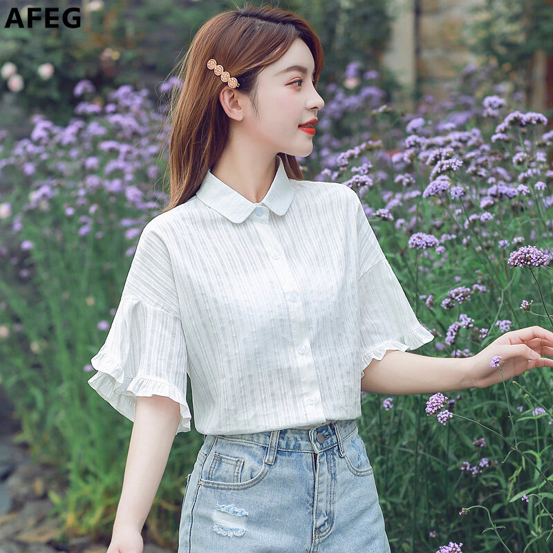 AFEG new Korean women's short sleeve white casual fashion wild temperament elegant blouses
