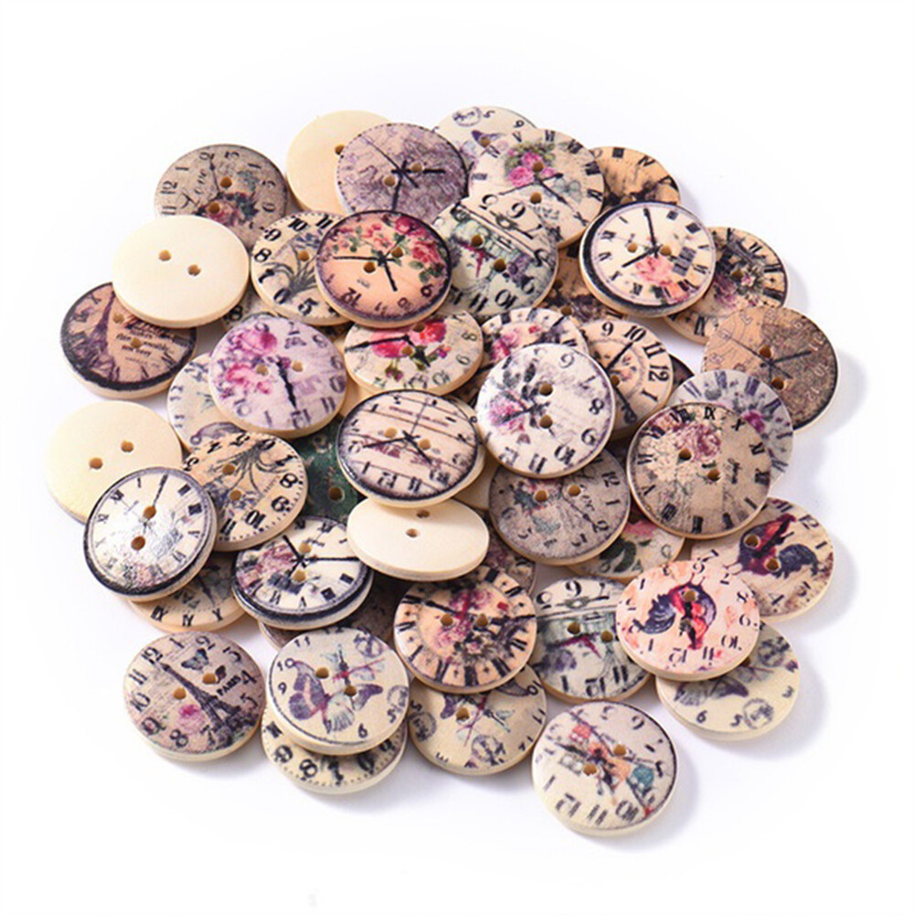Broadfashion 50Pcs Vintage Clock Decor Wooden Buttons Two Holes DIY Sewing Clothes Accessory Random Color and Pattern