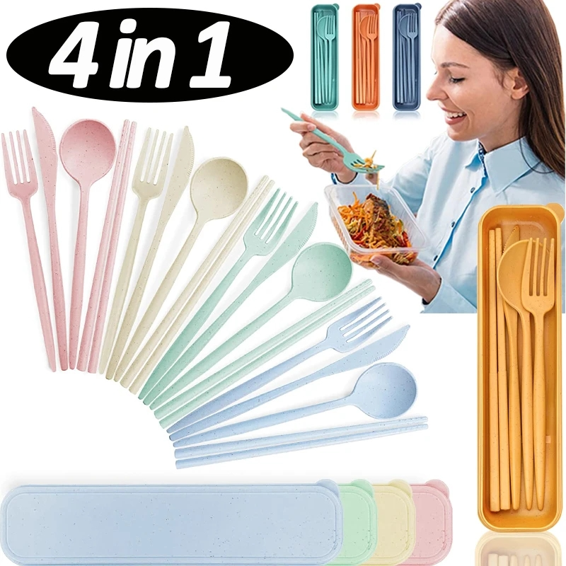 4pcs/set Cutlery Wheat Straw with Box Students Tableware Travel Portable Dinnerware Spoon Fork Chopsticks Kitchen Meal Box