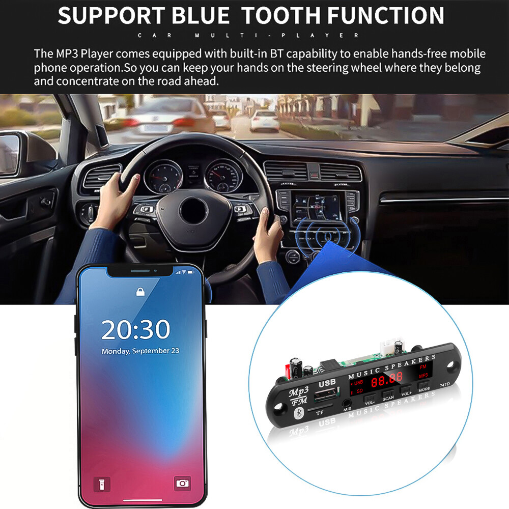 DC 5V/12V Bluetooth 5.0 MP3 Decoder Board Built-in 6W Amplifier Color Screen Handsfree Call Recording Audio Module Support USB TF FM Radio Remote Control Function