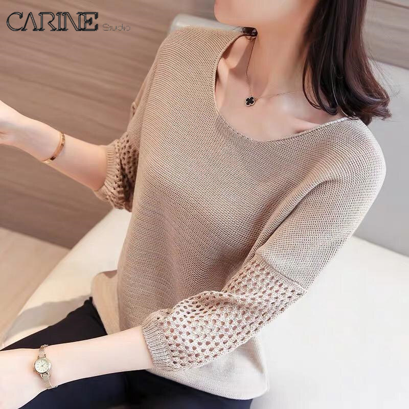 CARINE's new hollowed-out women's short-sleeved sweater with ice silk bottom and mid-sleeved top