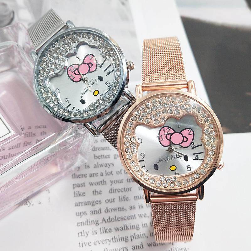 Hello Kitty Dễ Thương Cho Trẻ Em Dây Thời Trang Thạch Anh Chống Thấm Nước Thép không gỉ Kim Cương Bé Gái Nữ Hoa Hồng Vàng Hoạt Hình Đáng Yêu ChildrenStudent Đồng Hồ Nữ bán chạy