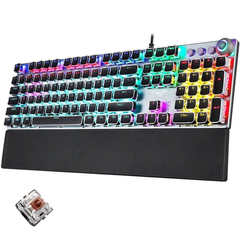AULA F2088 108 Keys Mixed Light Plating Punk Mechanical Brown Switch Wired USB Gaming Keyboard with Metal Button Singapore