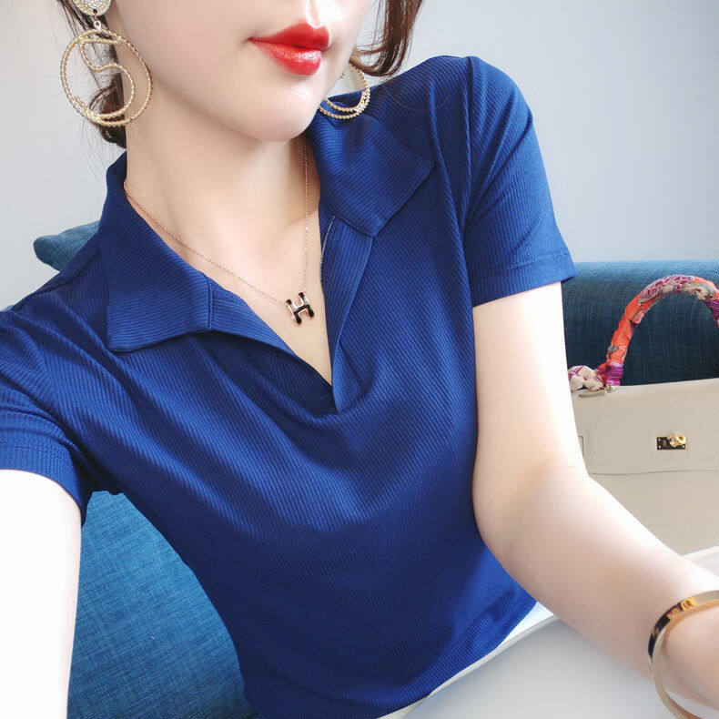 Áo Thun Ngắn Tay Bằng Lụa Lạnh Mới Mùa Hè 2021 Áo Khoác Mặc Lót Cổ POLO Học Sinh Hàn Quốc Dáng Rộng Cỡ Lớn Cho Nữ