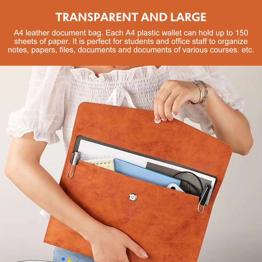 Document Wallets A4 Leather, A4 Document Folder With Press Stud, Business Leather Transparent Wallet A4, Document Organisation For School Office, Homework For Paper, Receipts, Certificates, File Bag, Grey