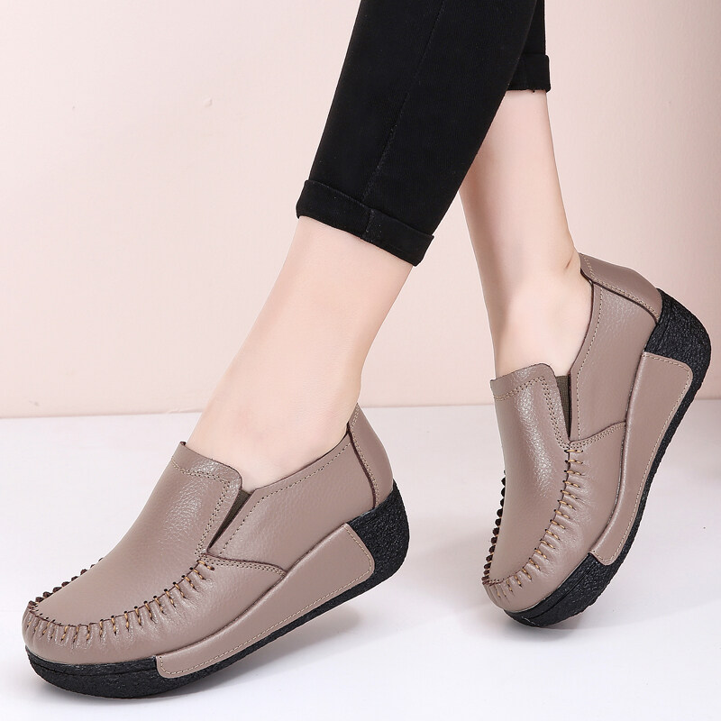 Women Wedges Platform Shoes Genuine Leather Casual Shoes Black Loafers