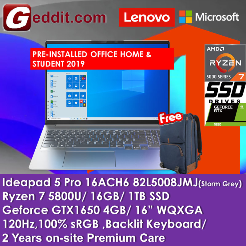 LENOVO IDEAPAD 5 PRO 16ACN6 82L5008JMJ LAPTOP (RYZEN 7 5800U,16GB,1TB SSD,16 WQXGA 120Hz,GTX1650 4GB,WIN10) FREE BACKPACK + PRE-INSTALLED OFFICE H&S 2019 (IP5 / IP5-16ACN6 / 5-16ACN6) Malaysia