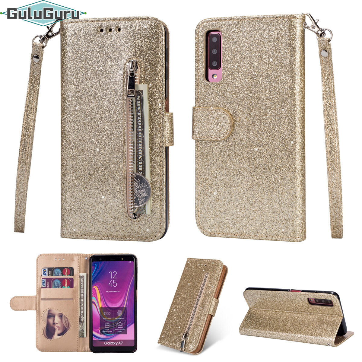 for Samsung A7 2018 Leather Wallet Case, Sparkly Bling Phone Case Shiny Glitter Folio Cover with Metal Zipper Cash Slot Card Holder, Leather Wristband, Flip Kickstand