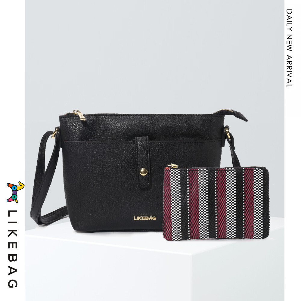 LIKEBAG Leather Shoulder Bag with Small Coin Purse Solid Color Female Cross Body Bag for Women