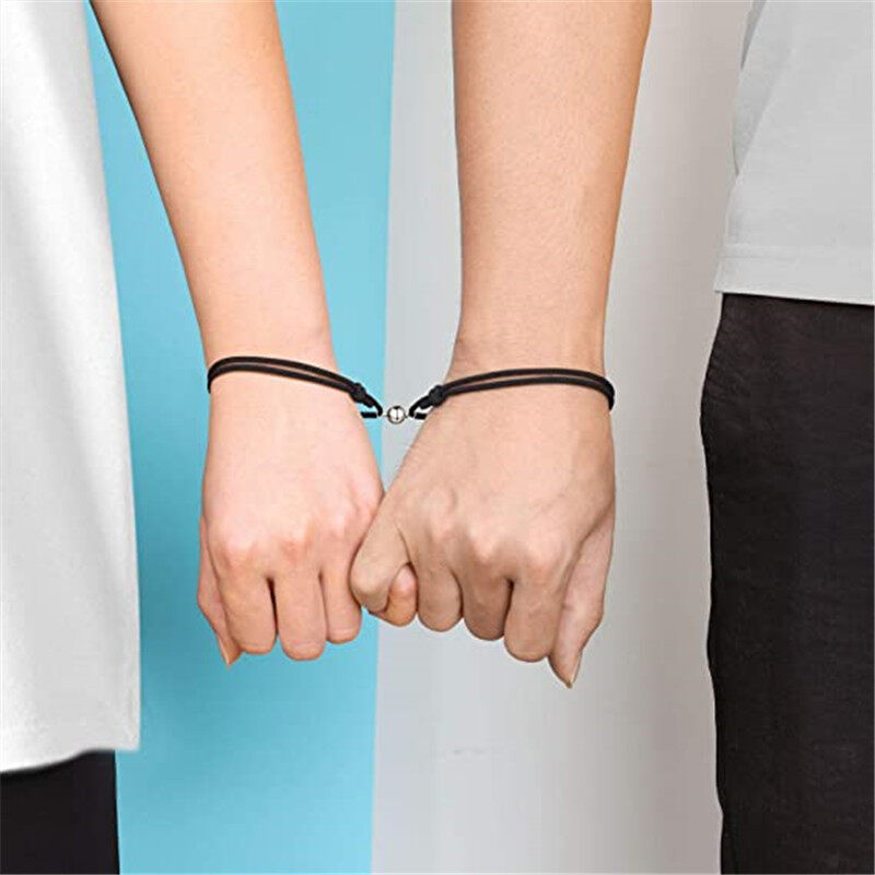 2pcs/set Men Women Magnet Bracelet Black Beads Attracting Each Other Bracelet Hand Woven