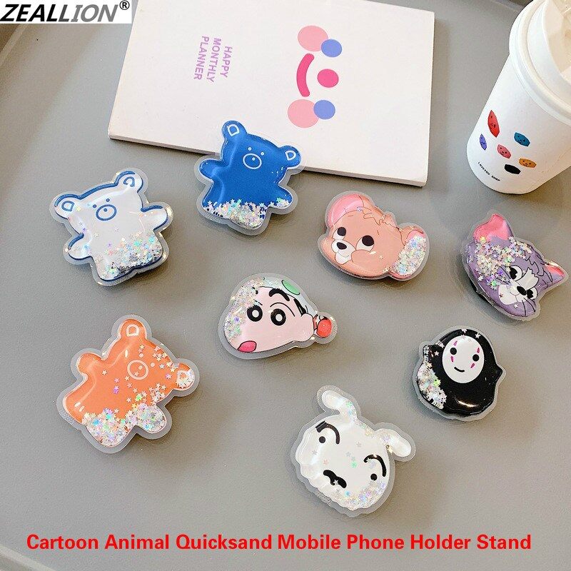 Zeallion Luxury Cute Cartoon 3D Animal Pattern Summer Quicksand Soft Bag Foldable Mobile Phone Finger Ring Bracket for IOS Android