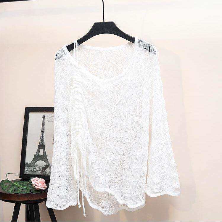 Ladies Hollow Crochet Knitted Sweaters Casual Drawstring Long-sleeved Pullover Short Sweaters Top