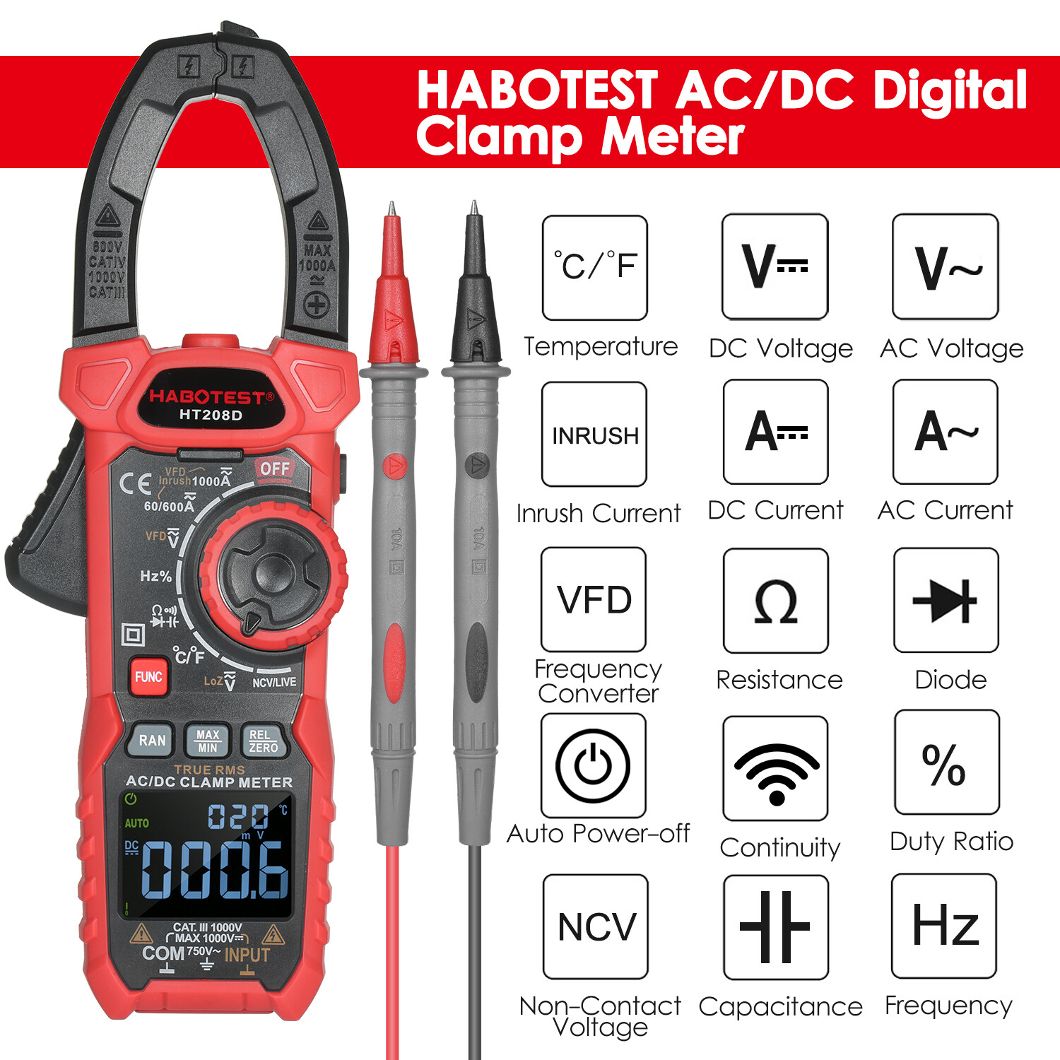 KKmoon HABOTEST AC/DC Digital Clamp Meter True-RMS Multimeter Anto-Ranging Multi Tester Current Clamp with Amp Volt Ohm Diode Capacitance Resistance Continuity NCV Temperature Duty Ratio VFD Tests