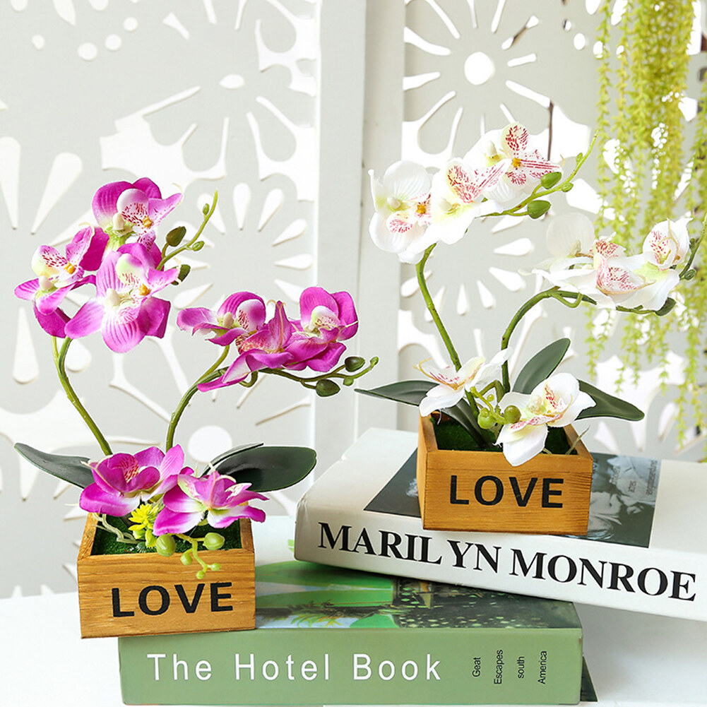 Phalaenopsis Wooden Box Bonsai (Including Pot) Indoor Decoration Artificial Flower Silk Flower Plastic Artificial Flowerartificial Flower Butterfly Orchid Pot Bonsai Garden Diy Party Desktop Decor