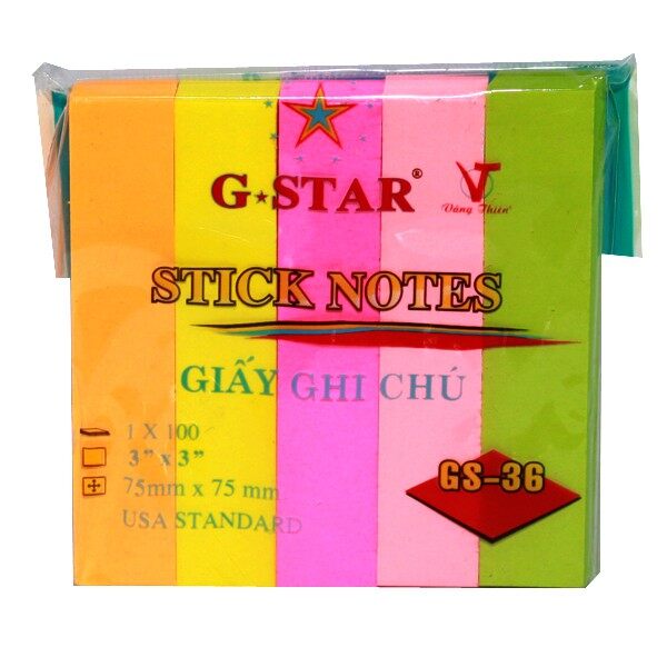 Xấp 100 tờ giấy note, giấy ghi chú 5 màu dạ quang g-star
