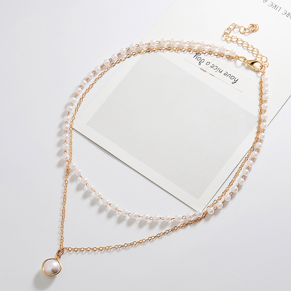 Korozo Jewelry Korea New Fashion Simple Double-layer Pearl Necklace Temperament Wild Short Necklace for Women
