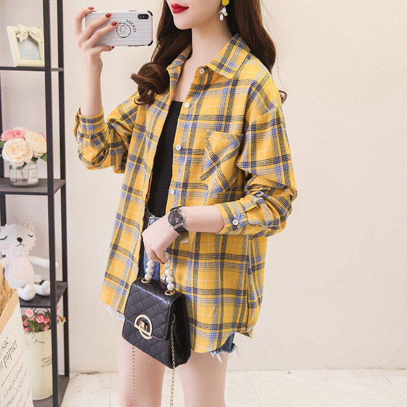 Women blouse cotton plaid Retro loose long sleeve shirt
